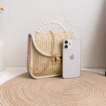 Sac à bandoulière décontracté à rabat avec chaîne et boucle en métal tissée de perles pour femme 