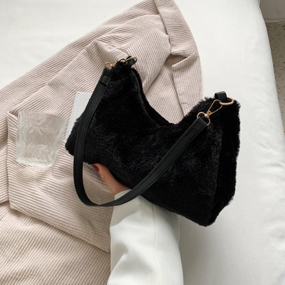 Sac à bandoulière en peluche de couleur unie pour femme, décontracté, à la mode, automne et hiver 