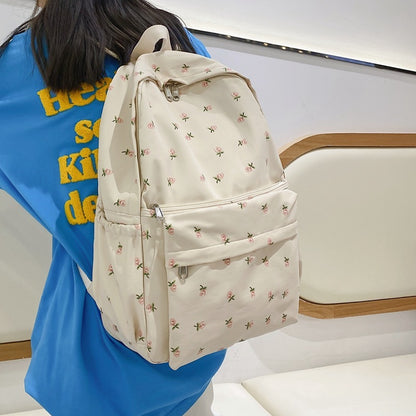 Women Casual Flower Pattern Solid Color Canvas Large Capacity Backpack