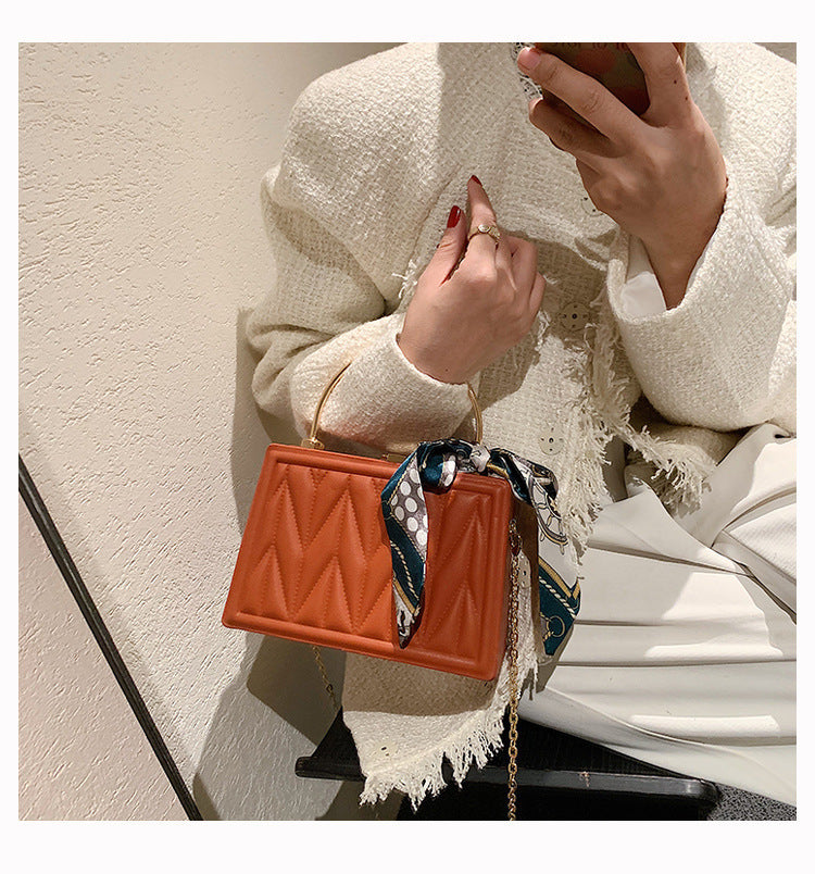 Women Fashion Elegant PU Silk Scarf Solid Color Square Chain Shoulder Clutch Bag