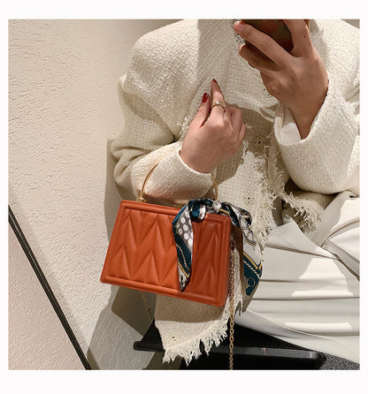 Women Fashion Elegant PU Silk Scarf Solid Color Square Chain Shoulder Clutch Bag