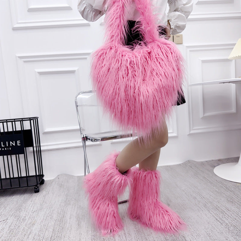 Sac à bandoulière en peluche en forme de cœur pour femme, mignon et tendance, couleur unie, hiver 