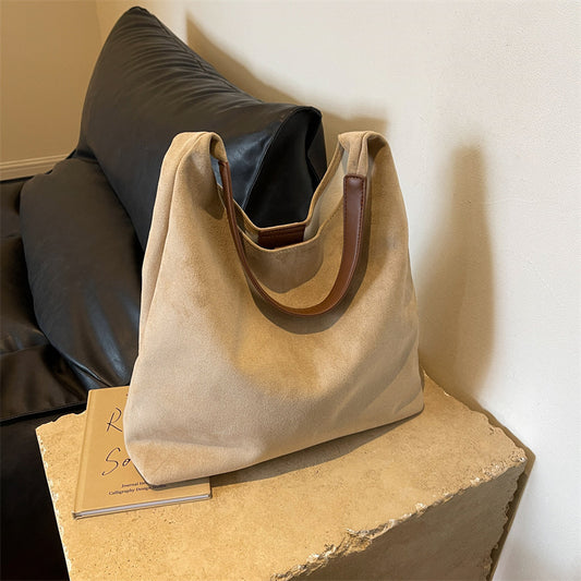 Sac à main décontracté vintage en daim pour femme, couleur unie, grande capacité 