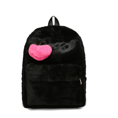 Women Casual Zipper Heart Pendant Design Solid Color Plush Large Capacity Backpack