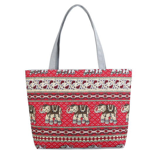 Women Fashion Ethnic Printing Non-Fading Canvas Bag Large Capacity Tote Bag