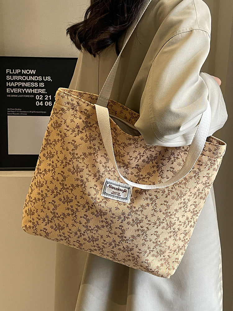 Women Fashion Casual Corduroy Floral Printed Large-Capacity Tote Bag