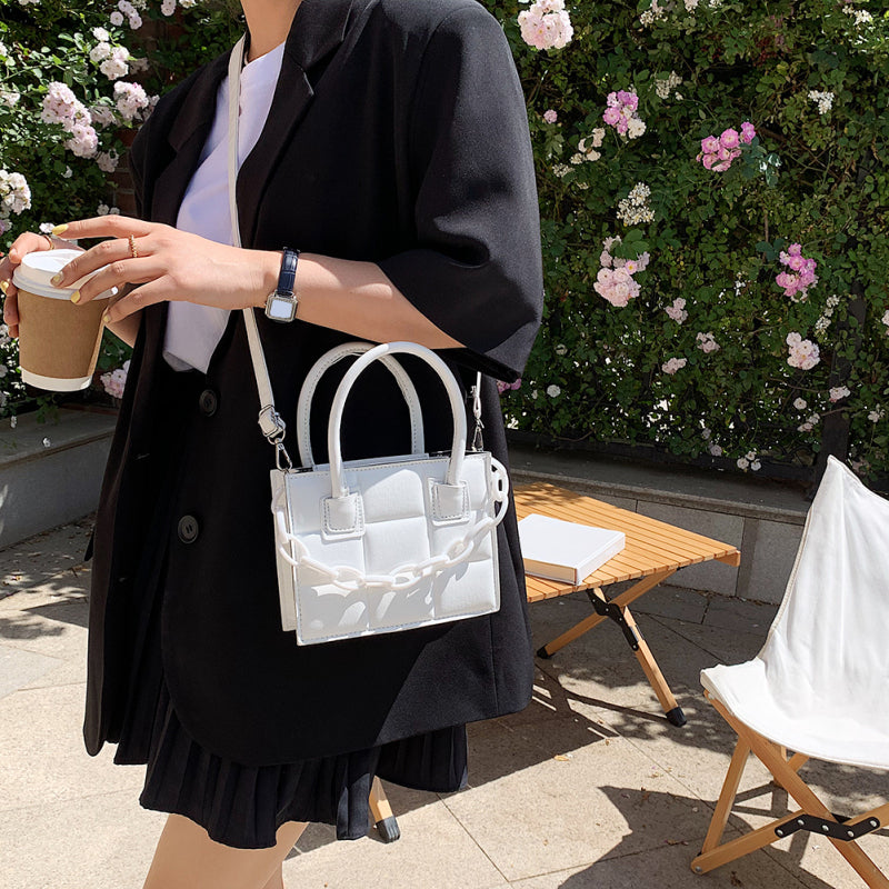 Women Fashion Chain Decorative Plaid Embossed Solid Color PU Crossbody Bag