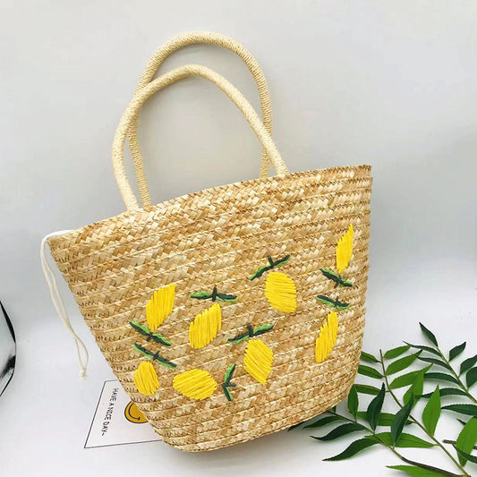 Summer Women Fashion Vacation Beach Straw Woven Lemon Print Drawstring Handle Shoulder Bag
