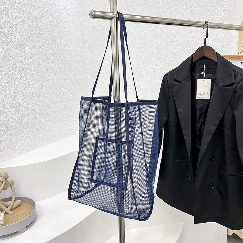 Fashion Solid Color Mesh Transparent Large Capacity Shopping Beach Bag