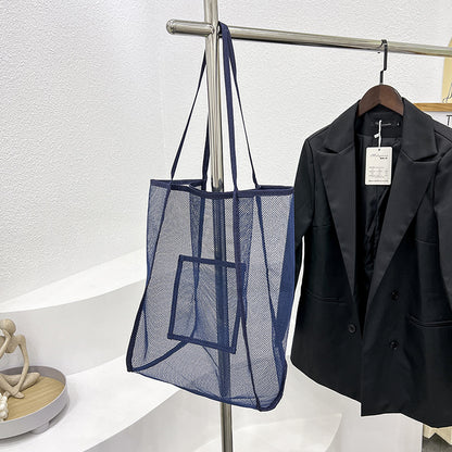 Fashion Solid Color Mesh Transparent Large Capacity Shopping Beach Bag
