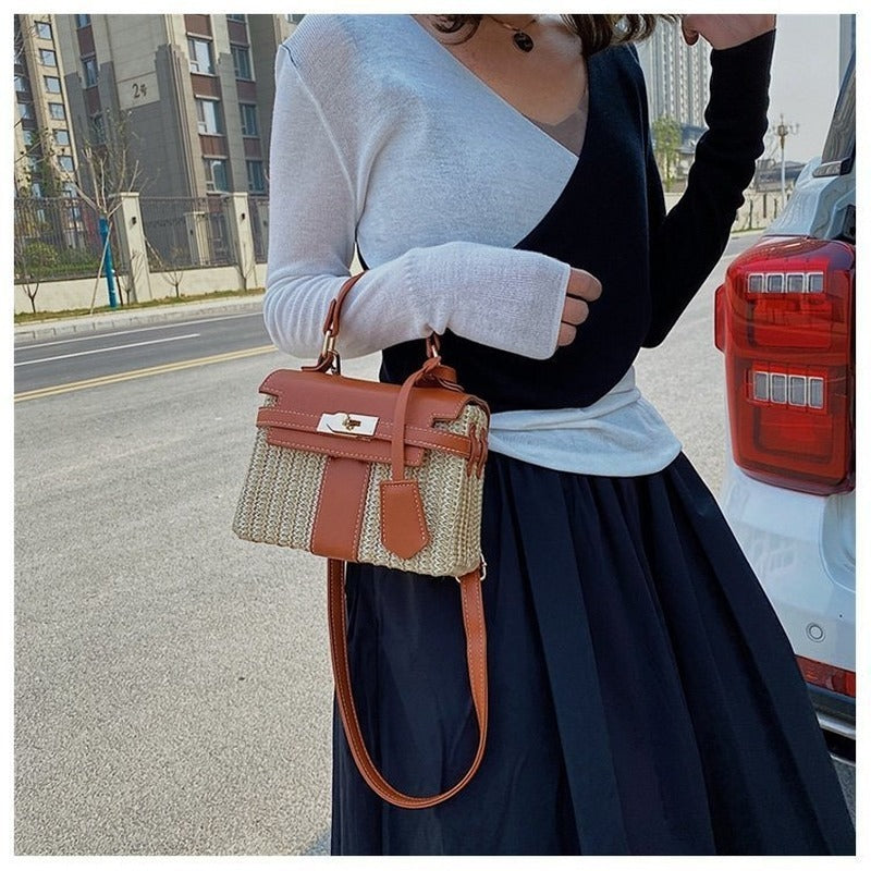 Women Trendy Woven Flap Buckle Design Color Blocking Straw Crossbody Bag