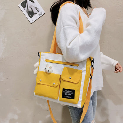 Women Cute Cartoon Doll Decoration Pocket Design Color Blocking Canvas Shoulder Bag