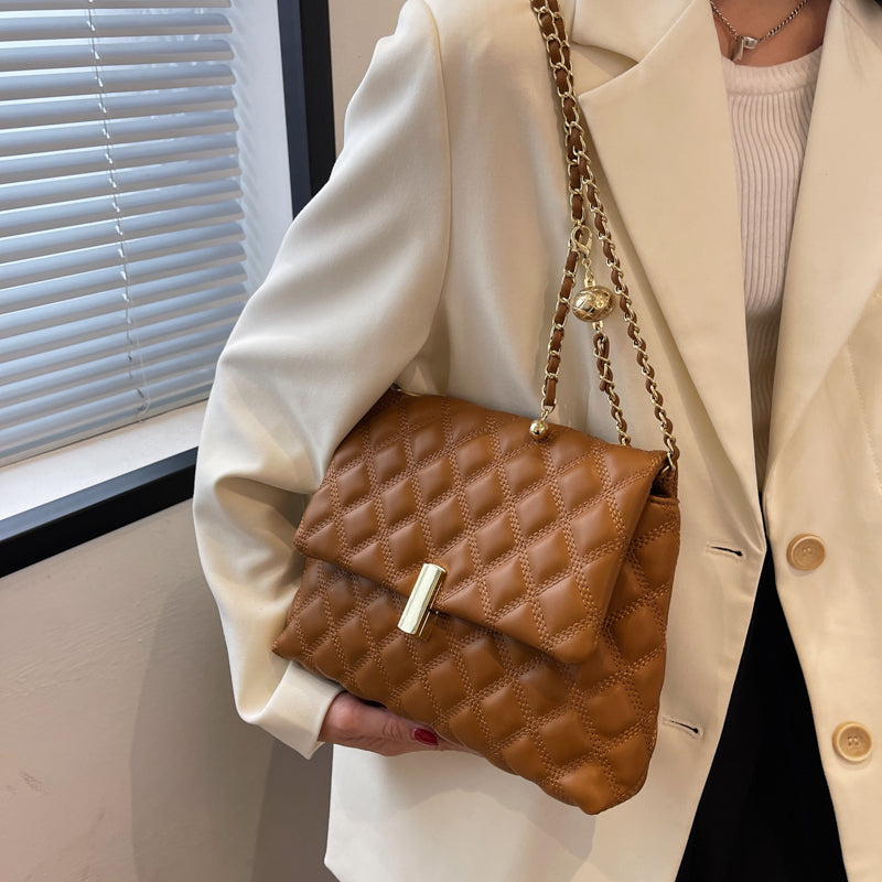 Women Basic Flap Buckle Design Rhombus Stitching Solid Color PU Shoulder Bag