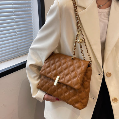 Women Basic Flap Buckle Design Rhombus Stitching Solid Color PU Shoulder Bag