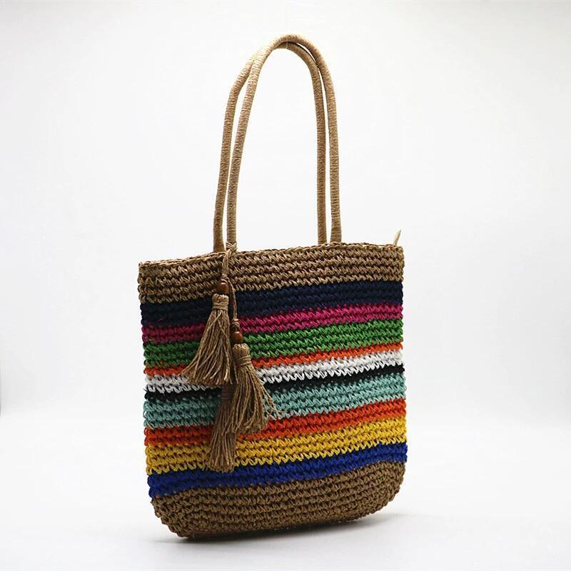 Women Fashion Boho Rainbow Colorful Vacation Woven Shoulder Bag