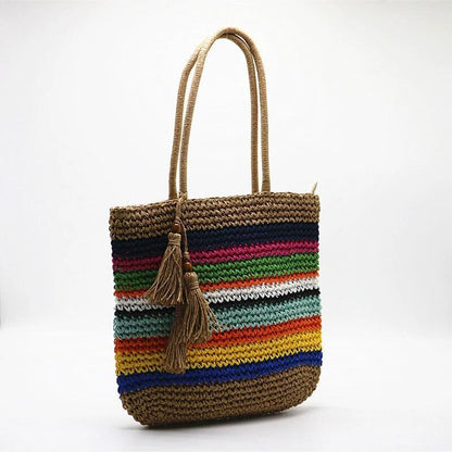 Women Fashion Boho Rainbow Colorful Vacation Woven Shoulder Bag