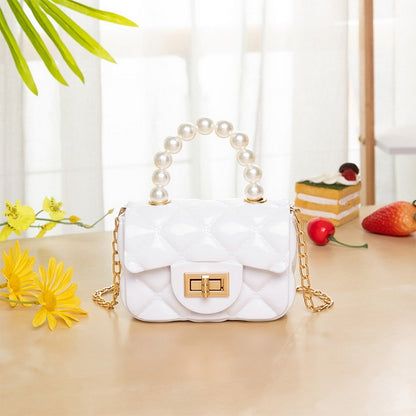 Women Elegant Mini Flap Buckle Design Pearl Decoration Solid Color PU Crossbody Bag