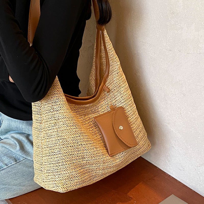 Women Fashion Casual Large Capacity Contrast Color Hand Woven Tote Bag