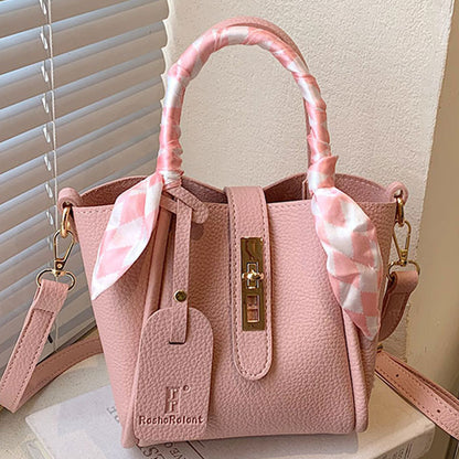 Women Simple Fashion Silk Scarf Decorative Lock PU Handle Shoulder Bag