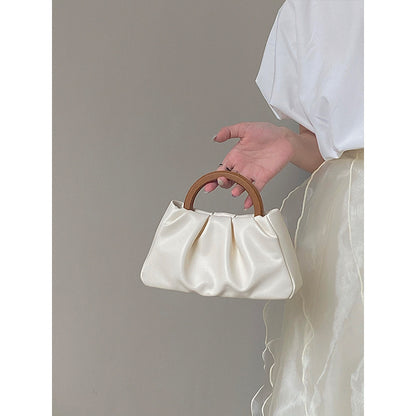 Wooden Handle Pleated Cloud Small Handbag Women One-Shoulder Mini Bag