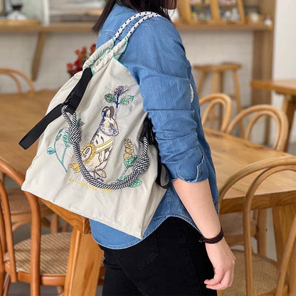 Women Fashion Nylon Embroidered Large Capacity Canvas Shopping Bag