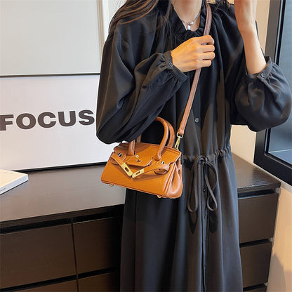 Women Fashion Solid Color Lock PU Handle Shoulder Bag