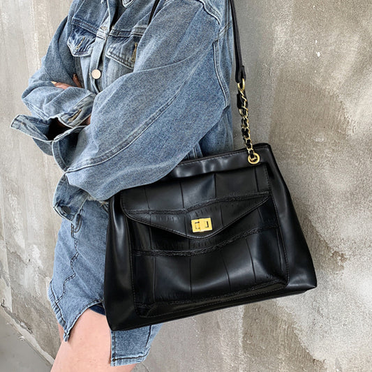 Sac à bandoulière en PU pour femme, simple, grande capacité, avec chaîne et fermeture éclair 