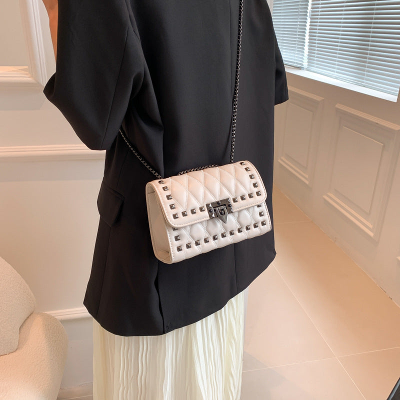 Women Simple And Fashionable Studded Flap Lock Square Chain Crossbody Bag