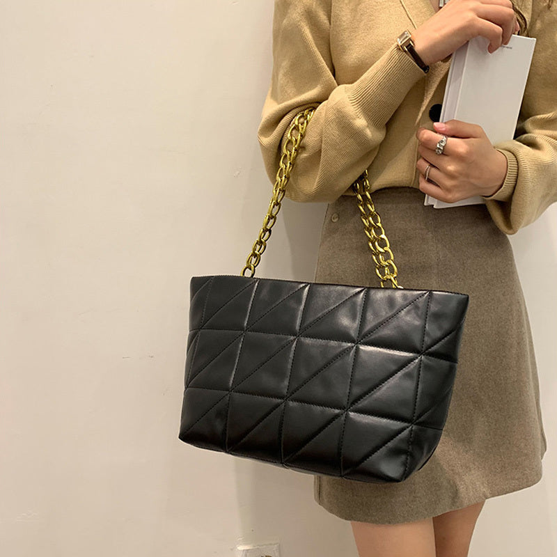 Women Basic Casual Chain Design Solid Color Large Capacity PU Tote Shoulder Bag