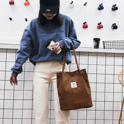 Women Casual Basic Solid Color Large Capacity Corduroy Tote Bag