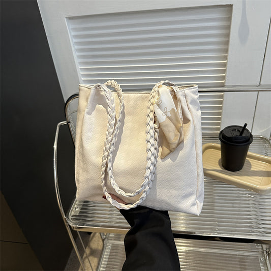 Women Fashionable Large Capacity Silk Scarf Handle Decorative PU Tote Bag