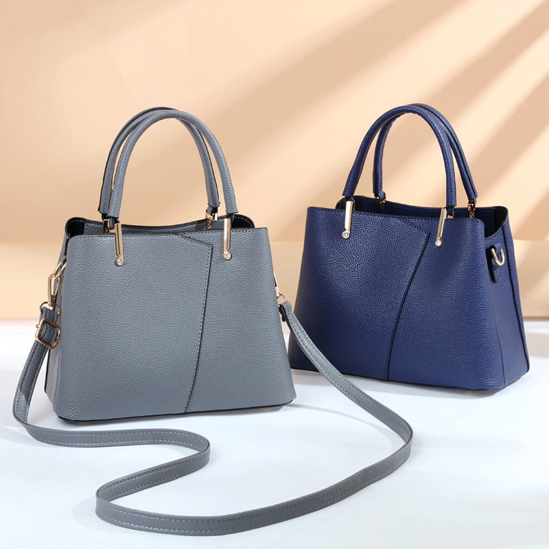 Women Fashionable Simple Litchi Pattern Large Capacity PU Handle Shoulder Bag