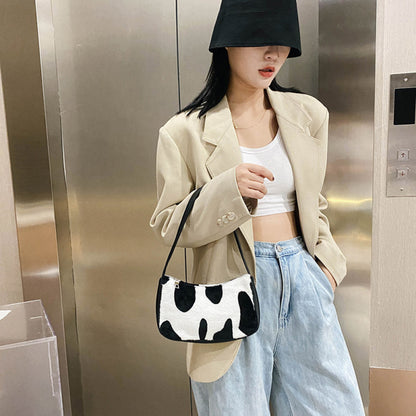 Women Fashion Chic Zebra Cow Pattern Plush Underarm Bag