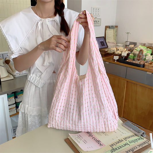 Women Simple Large Capacity Hollow-Out Plaid Canvas Shopping Bag