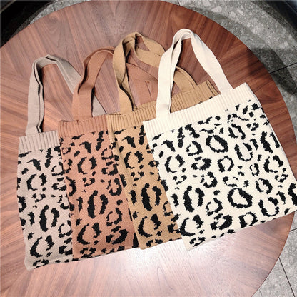Knitted Shopping Bag Leopard Woven One-Shoulder Casual Portable Shoulder Handle Bag