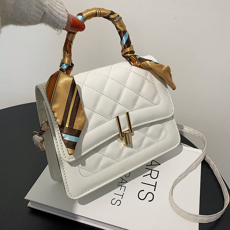 Women Elegant Silk Scarf Decorated Flap Buckle Design Rhombus Stitching Solid Color PU Crossbody Bag