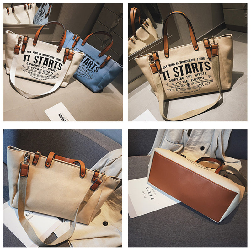 Sac fourre-tout en toile décontracté à motif de lettres pour femme, grande capacité