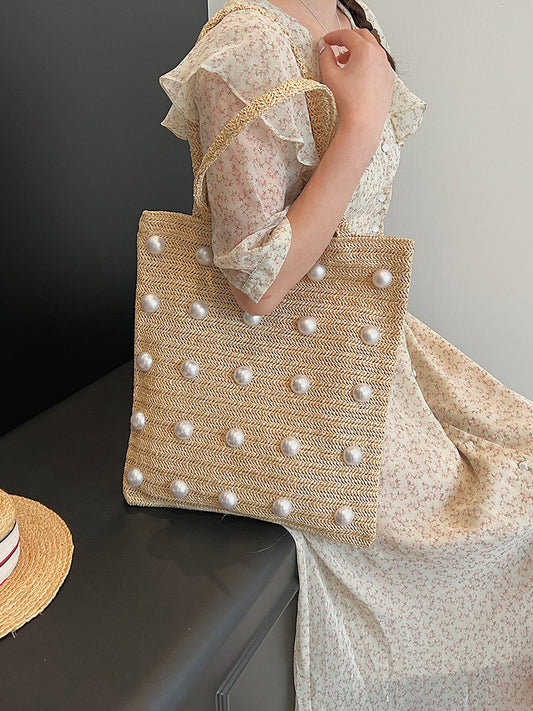 Sac fourre-tout à bandoulière en paille tissée et perles pour femme, grande capacité, tendance et décontracté 