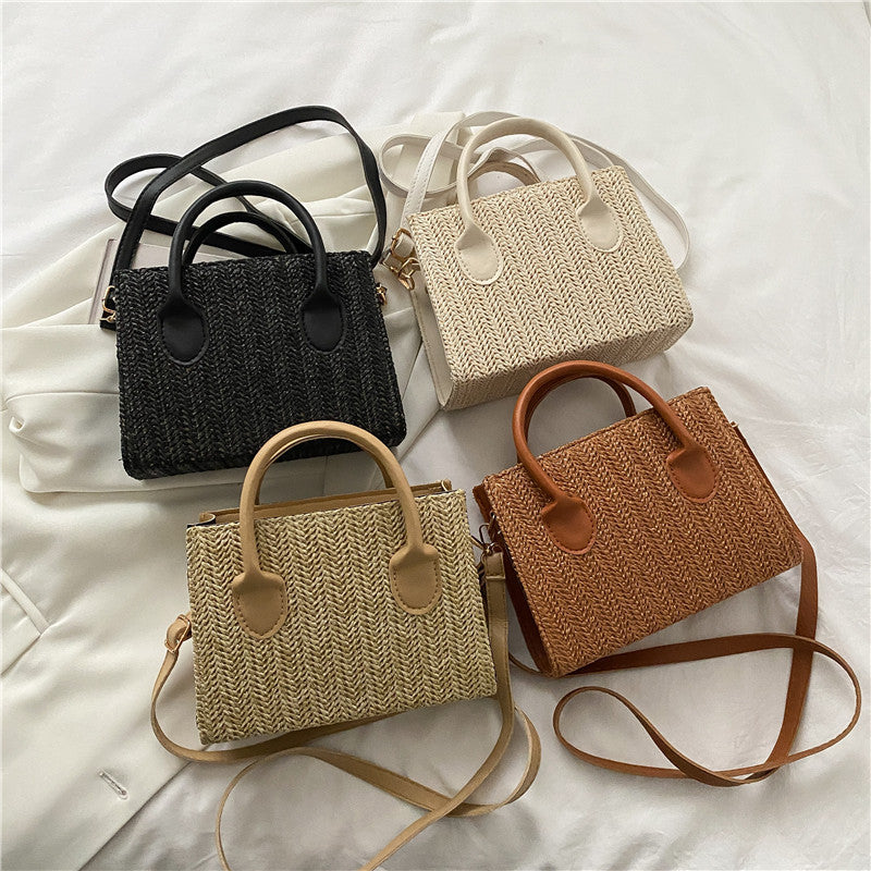 Sac à bandoulière en paille tissée pour femme, simple et tendance, grande capacité, avec poignée carrée 
