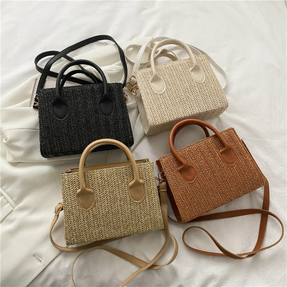 Sac à bandoulière en paille tissée pour femme, simple et tendance, grande capacité, avec poignée carrée 