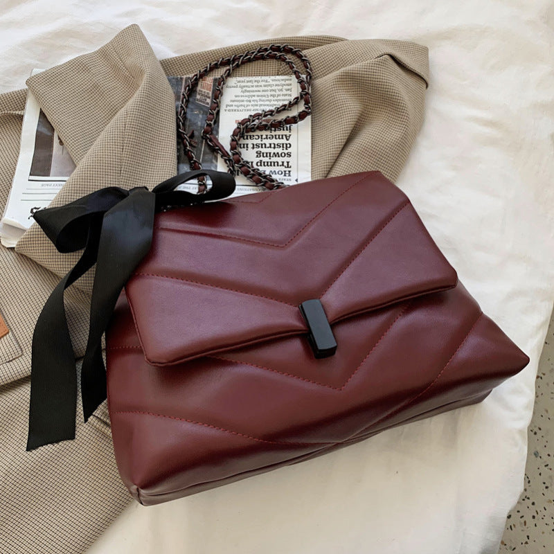 Women Autumn Elegant Chain Design Silk Scarf Decoration Solid Color PU Shoulder Bag