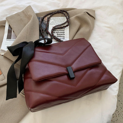 Women Autumn Elegant Chain Design Silk Scarf Decoration Solid Color PU Shoulder Bag