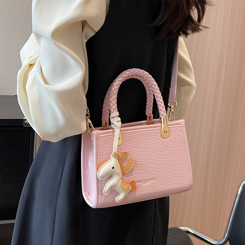 Sac à bandoulière carré en PU pour femme, à la mode, avec pendentif en forme de poney, avec poignée 