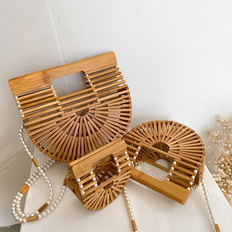 Women Fashion Bamboo Weaving Pearl Pop Straw Saddle Handbag