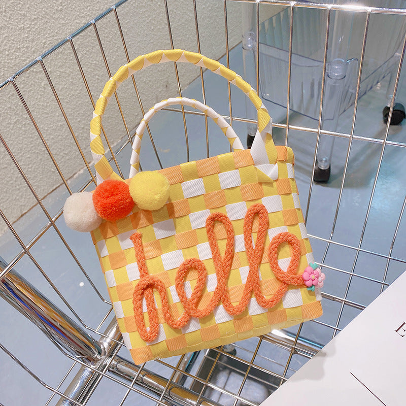 Women Cute Sweet Letters Decorative Colorful Woven Design Pompon Pendant Straw Shoulder Bag