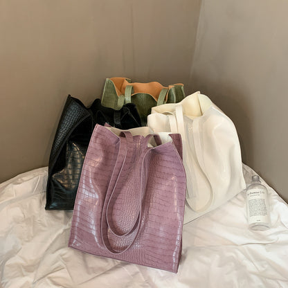 Women Fashion Basic Crocodile Pattern Large Capacity PU Shoulder Bag