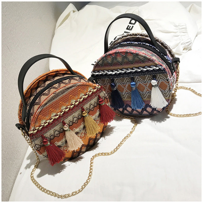 Women Boho Tassel Decorative Woven Design Color Blocking Crossbody Bag