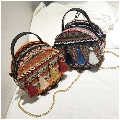 Women Boho Tassel Decorative Woven Design Color Blocking Crossbody Bag