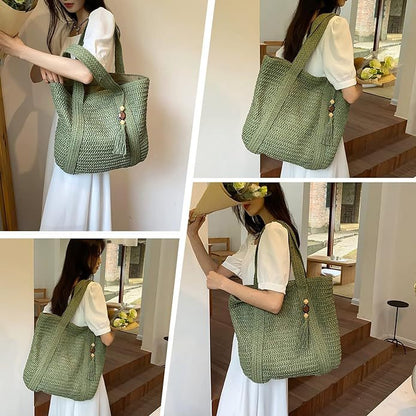 Summer Women Leisure Vacation Beach Grass Woven Tassel Pendant Tote Bag