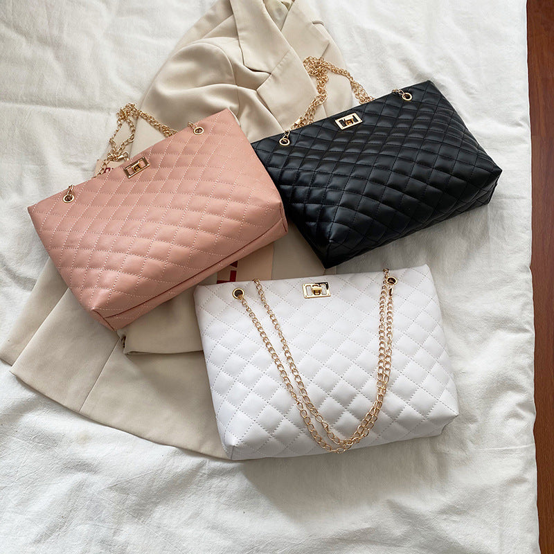 Women Basic Casual Chain Design Rhombus Stitching Solid Color Large Capacity PU Shoulder Bag